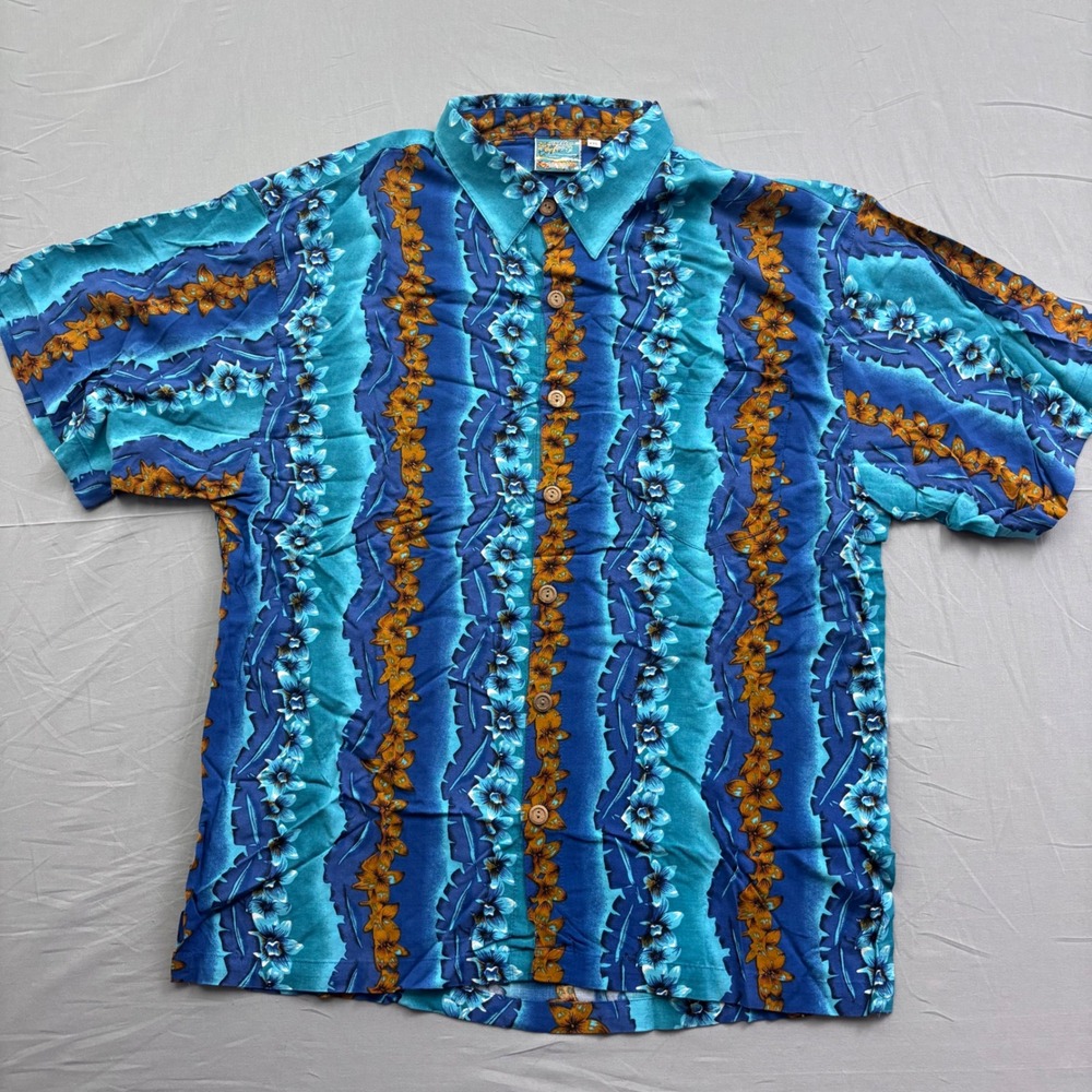 Vtg‎ Pineapple Moon Hawaiian Shirt Mens XXL Blue Floral Short Sleeve Button Down